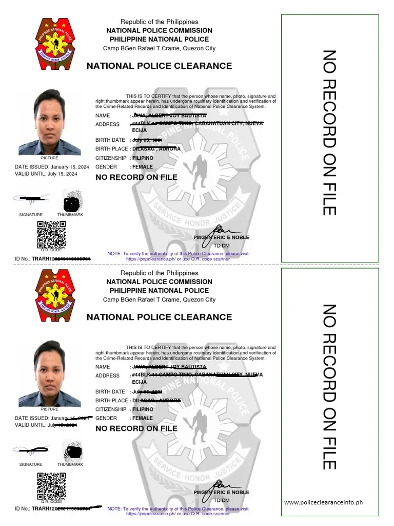 Police Clearance Certificate Sample 1